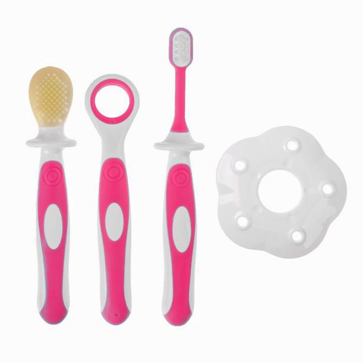 Набор детских зубных щёток-массажеров (силикон/нейлон), с ограничителем, цвет розовый артикул анонс 2849330
