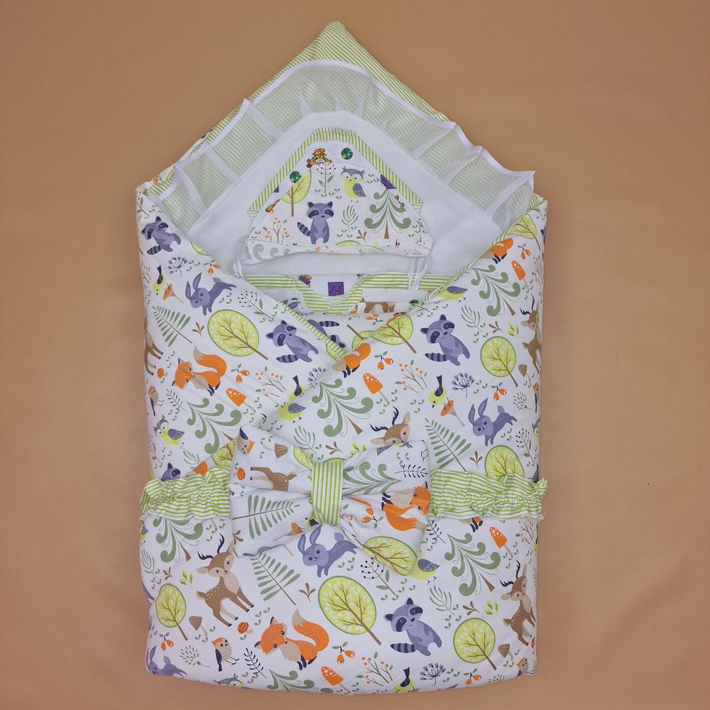 Комплект на выписку 12 пр: одеяло+пододеяльник+уголок+2 пеленки+3 распашонки+3 чепчика+бант артикул анонс 1878б-2-1_о_18