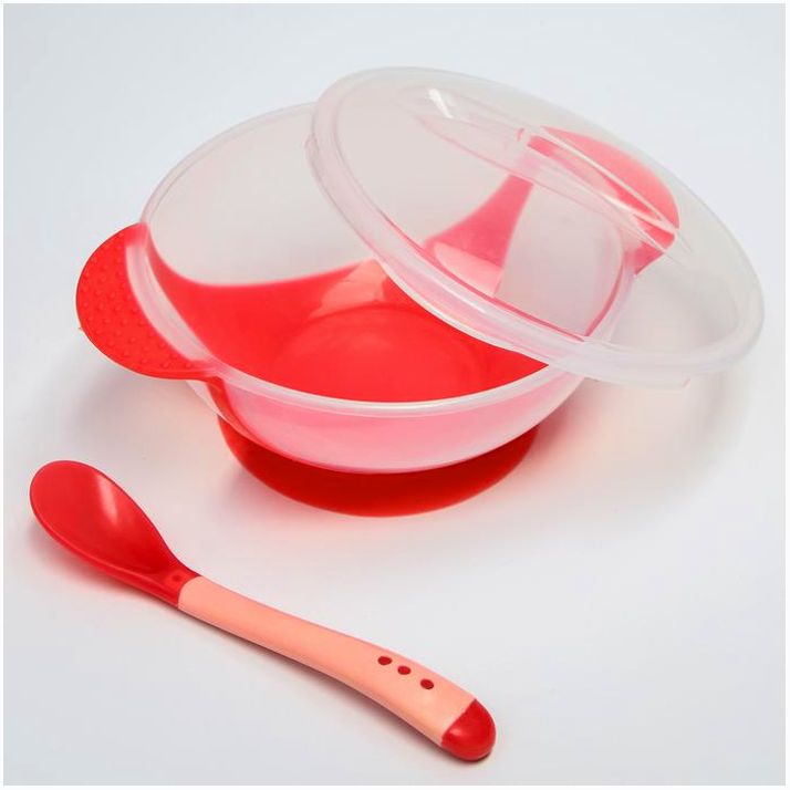 № 1917376 Набор для кормления: миска на присоске 340 мл., с крышкой, термоложка, цвет красно-бежевый