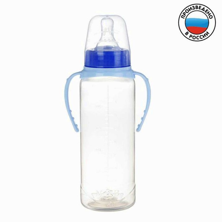 Бутылочка для кормления, классическое горло, с ручками, 250 мл., от 3 мес., цвет голубой МИКС артикул анонс 2969740