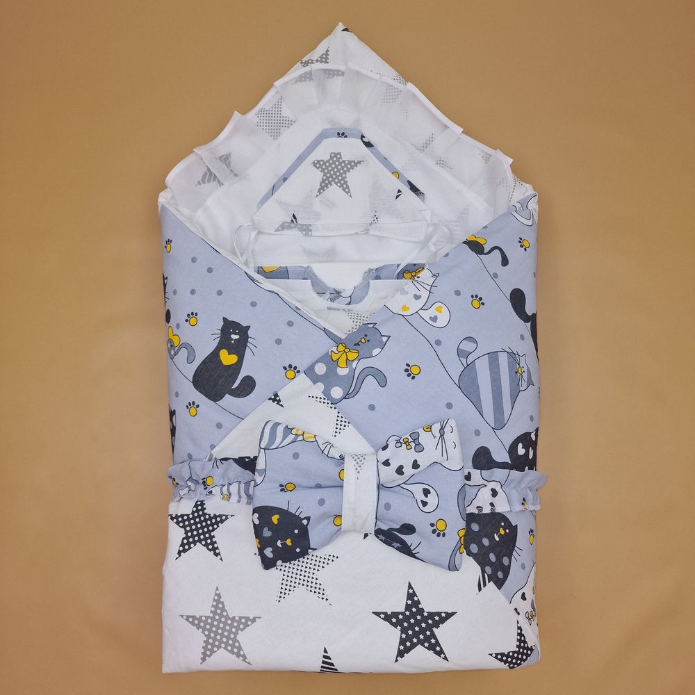 Комплект на выписку 12 пр: одеяло+пододеяльник+уголок+2 пеленки+3 распашонки+3 чепчика+бант артикул анонс 1879б-2-2_о_03