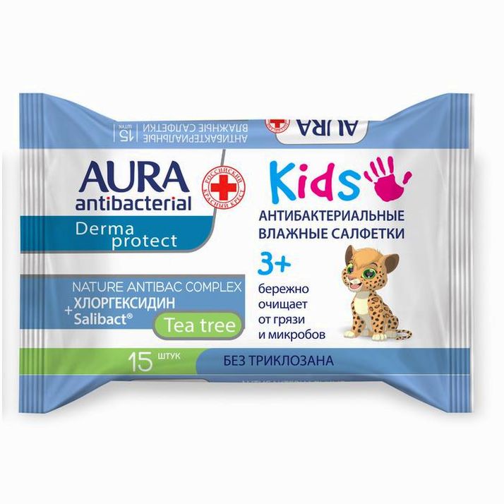Картинка Влажные салфетки AURA, детские 3+, 15 шт. (№5426625) от магазина Мир детей Товары для Новорожденных