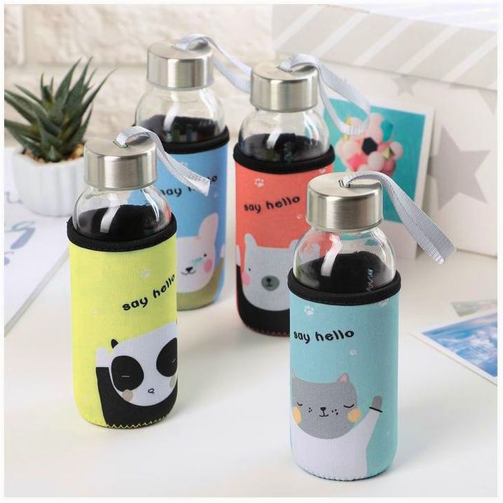 № 3613016 Бутылка для воды стеклянная в чехле «Милые животные», 300 мл, h=17 см, рисунок МИКС