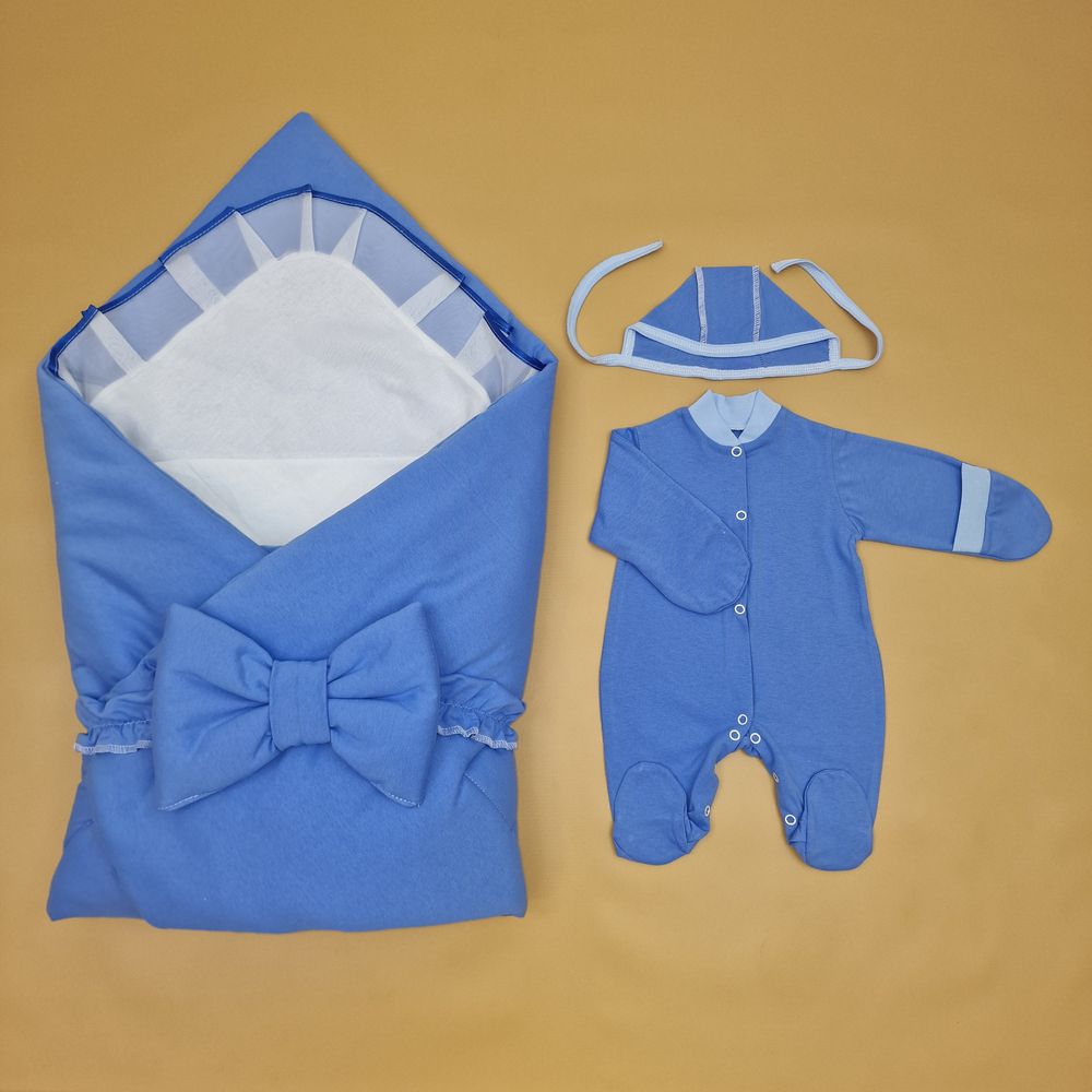 Комплект на выписку 5 пр: одеяло+уголок+комбинезон+чепчик+бант артикул анонс 1893к-0-1_к_04