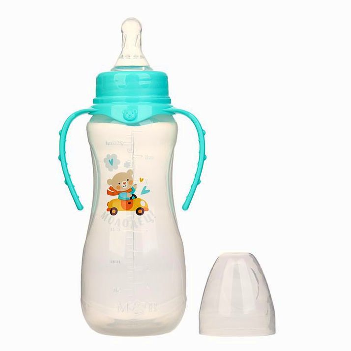 № 2969837 Бутылочка «Мишутка», классическое горло, приталенная, с ручками, 250 мл., от 0 мес., цвет бирюзовый