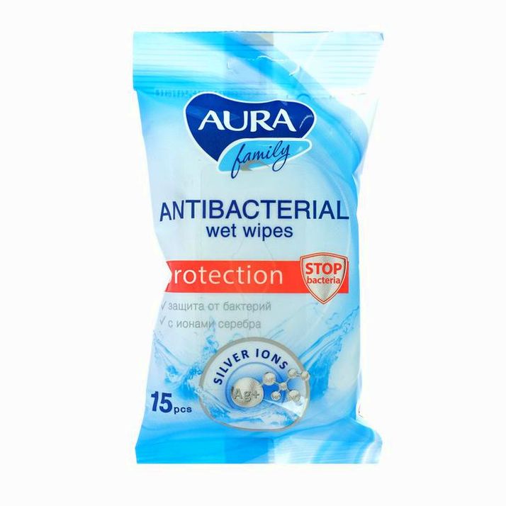 № 1626731 Влажные салфетки Aura Family, c антибактериальным эффектом, 15 шт., микс