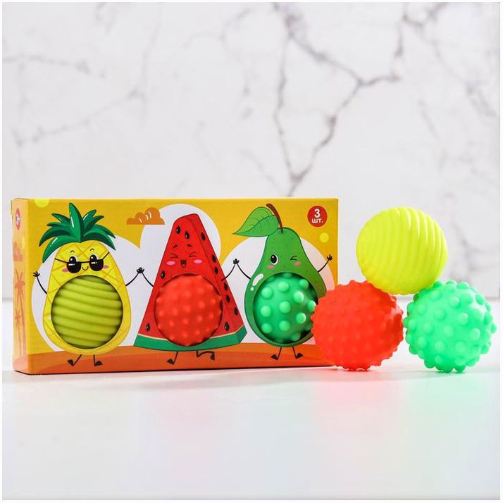 Набор развивающих тактильных мячиков «Фруктовая тусовка», с пищалкой, 3 шт, Крошка Я артикул анонс 4916701