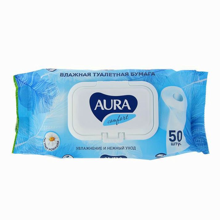 Влажная туалетная бумага AURA ULTRA COMFORT с крышкой, цвет микс,  50 шт артикул анонс 3573177