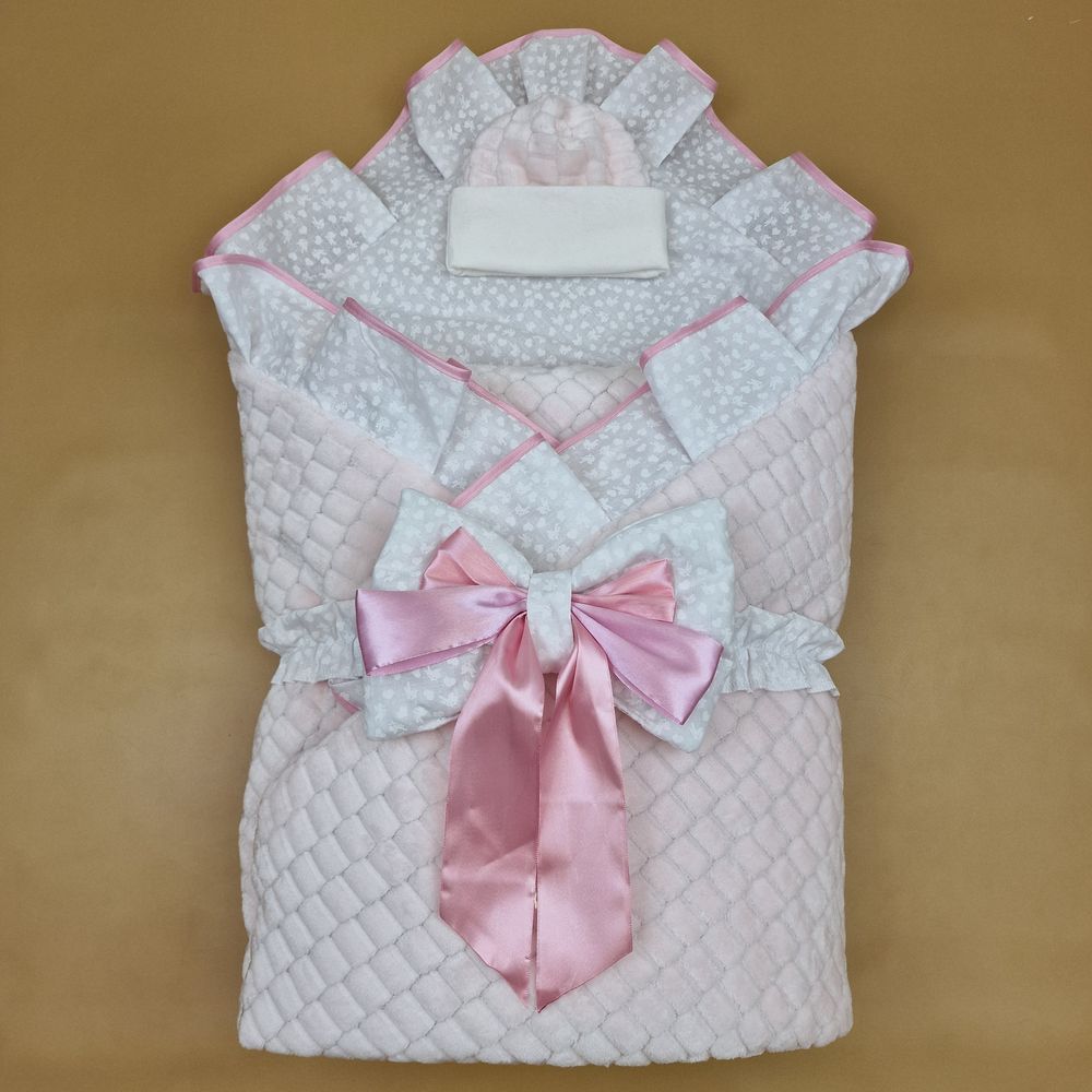 Комплект на выписку 3 пр: одеяло+шапочка+бант (двухсторонний) артикул анонс 1877в-1-1_у_15
